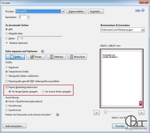 Adobe Reader/Acrobat 10.1.2 Standardeinstellung: Papier Beidseitig bedrucken (duplex) aktiviert