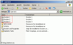 Windows Explorer: Durckerfreigaben (Drucker1, Drucker2, Drucker3) auf Printserver (\\server1)