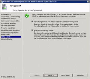 Assistent für die Konfiguration von Windows Server Update Services: Schritt 10 - Fertig gestellt