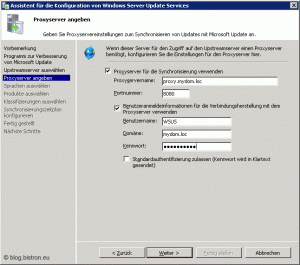 Assistent für die Konfiguration von Windows Server Update Services: Schritt 4 - Proxyserver angeben