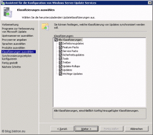 Assistent für die Konfiguration von Windows Server Update Services: Schritt 8 - Klassifizierungen auswählen