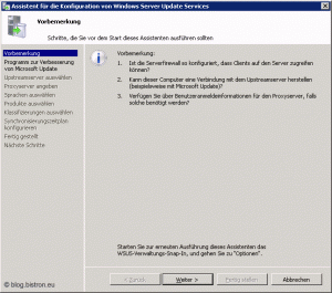 Assistent für die Konfiguration von Windows Server Update Services: Schritt 1 - Vorbemerkung