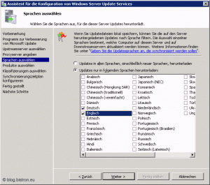 Assistent für die Konfiguration von Windows Server Update Services: Schritt 6 - Sprache auswählen