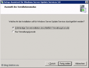 Setup-Assistent für Windows Server Update Services 3.0: Schritt 2 - Auswahl des Installationsmodus