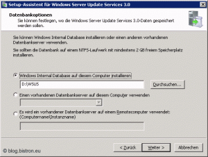 Setup-Assistent für Windows Server Update Services 3.0: Schritt 5 - Datenbankoptionen