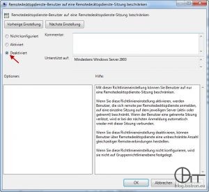GPO "Remotedesktopdienste-Benutzer auf eine Remotedesktopdienste-Sitzung beschränken" - Deaktiviert